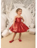 Red Sequin Tulle Knee Length Flower Girl Dress With Removable Train